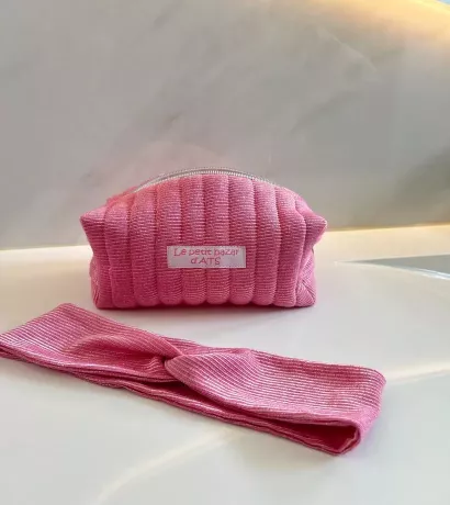 Pack - Trousse beauté upcycling rose avec headband assorti