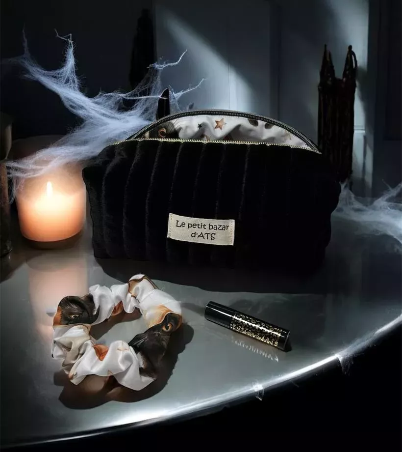 Pack - Trousse beauté upcyclée avec chouchou assorti doublure Halloween