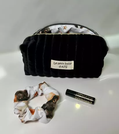 Pack - Trousse beauté upcyclée avec chouchou assorti doublure Halloween