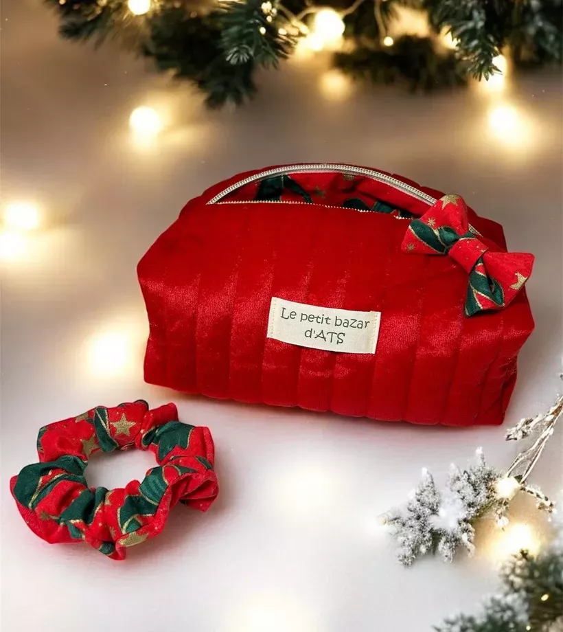 Pack - Trousse beauté velours de noël avec accessoire assorti doublure
